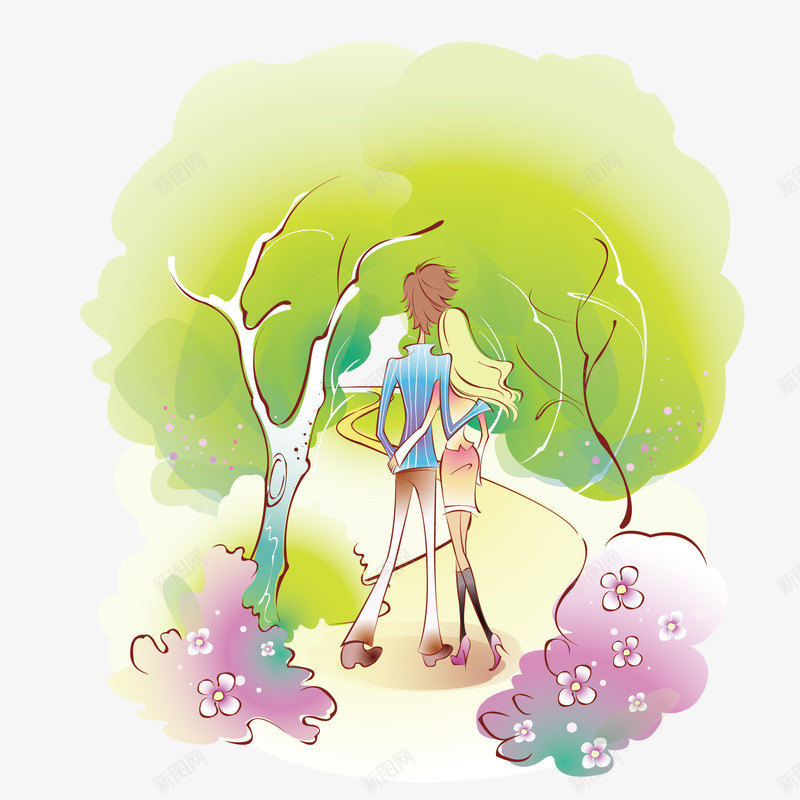 树林中的恋人png免抠素材_新图网 https://ixintu.com 卡通 情人节 手绘 拥抱情侣 约会 鲜花