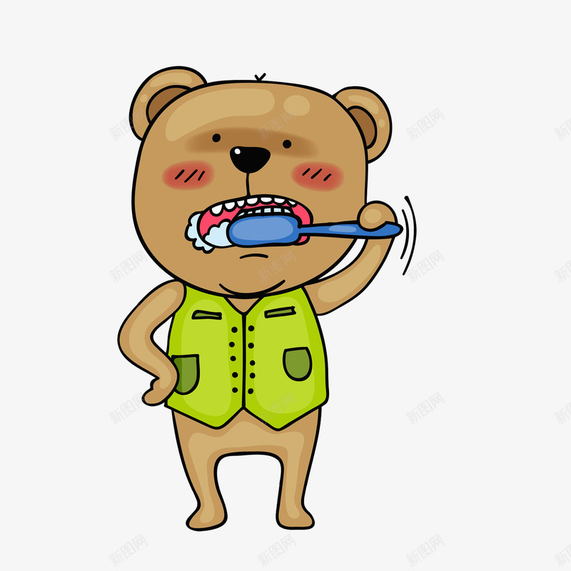 刷牙小熊png免抠素材_新图网 https://ixintu.com 刷牙 动物 卡通 可爱 手绘 棕熊 牙刷 绿色背心 腮红