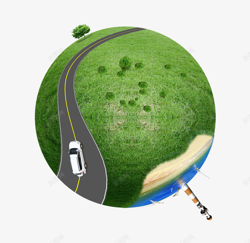 绿色全球png免抠素材_新图网 https://ixintu.com 圆形 支撑地球 效果元素 树 汽车 海报 清析 爱护家园 环保宣传 珍惜 绿色 路