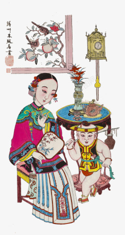 传统年画娃娃木板年画母子高清图片