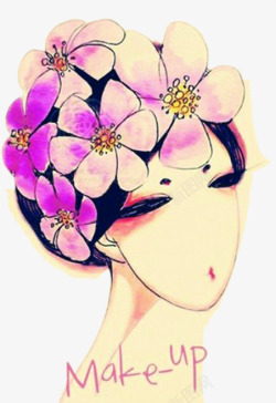 紫色花朵装饰少女手绘素材