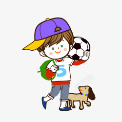戴帽子小狗可爱的背书包的小朋友踢足球高清图片