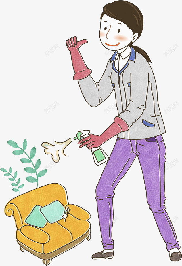 卡通清理沙发的女人png免抠素材_新图网 https://ixintu.com 保洁员 卡通手绘 女人 工服 沙发 清洁剂 清洁工