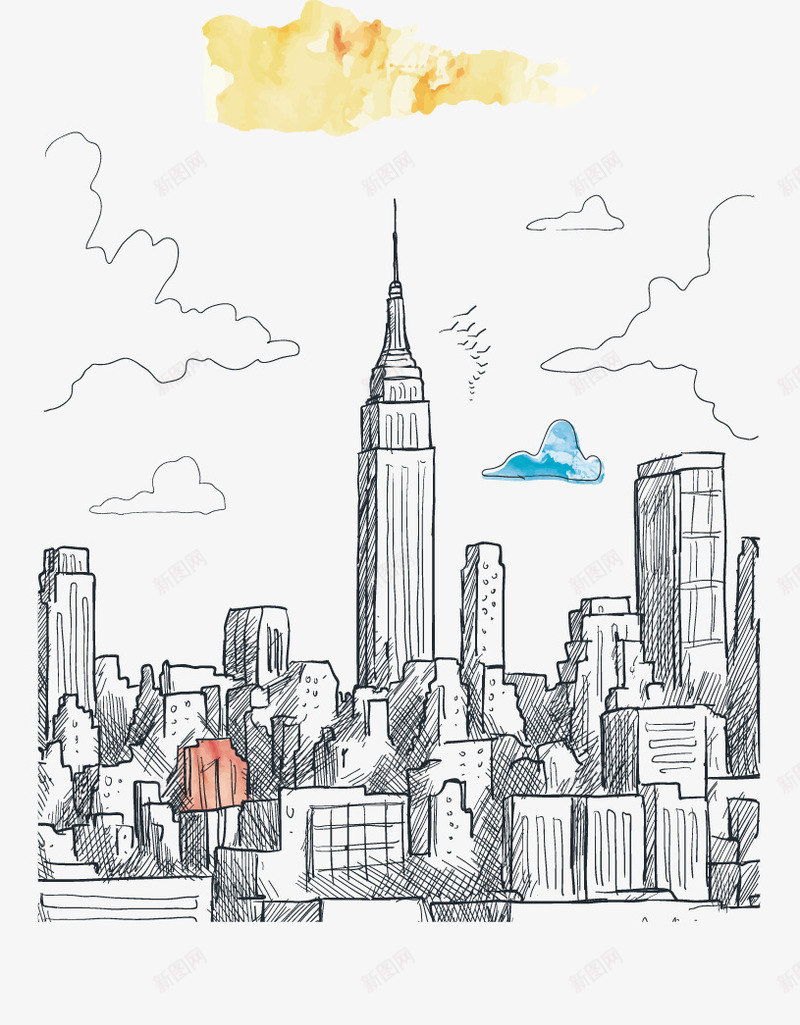 创意手绘纽约矢量图ai免抠素材_新图网 https://ixintu.com 云 创意手绘纽约 地标 城市 外国 天空 帝国大厦 美国 矢量图