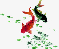 红金鱼手绘红绿色文艺金鱼高清图片