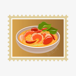食物邮票咖啡色碗装海鲜食物邮票矢量图高清图片