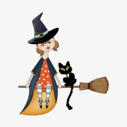 女巫黑猫万圣节女巫骑扫把黑猫元素高清图片