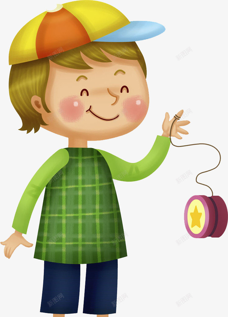 玩耍男孩png免抠素材_新图网 https://ixintu.com 可爱 彩色帽子 悠悠球 手绘 玩具 男孩 绳子 绿色格子上衣
