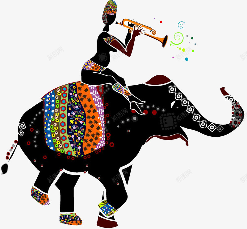 骑大象吹号的印度人png免抠素材_新图网 https://ixintu.com 动物插图 卡通动物插画 卡通动物漫画 卡通大象 印度人 吹号 小号