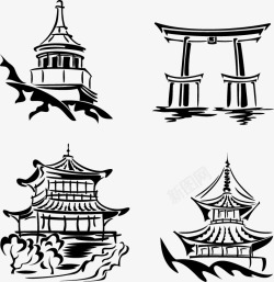 古典建筑物龙纹祥云挂饰与日本寿司等素矢量图高清图片