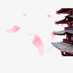 国外花瓣日本漂浮樱花及建筑高清图片