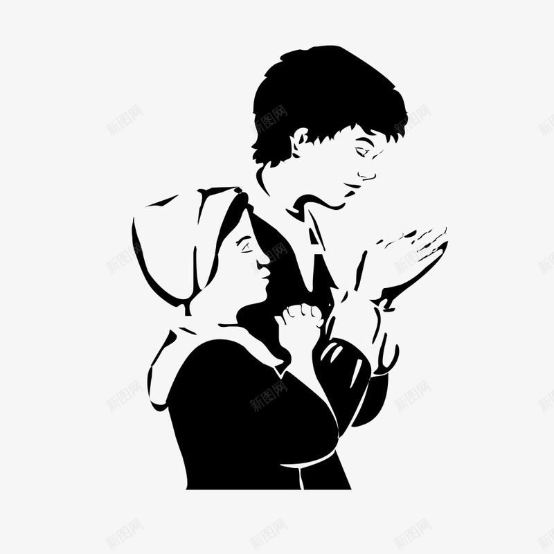 祈祷的男女png免抠素材_新图网 https://ixintu.com 卡通 双手合十 头巾 女人 手绘 男人 祈祷 简图 黑色