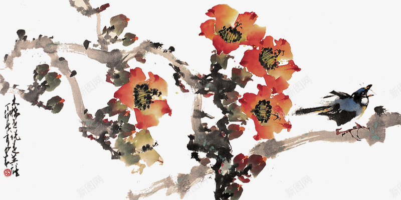国风手绘木棉花png免抠素材_新图网 https://ixintu.com 国画 手绘的 木棉花 木棉花手绘 木棉花树 漂亮的 红色的 装饰花朵