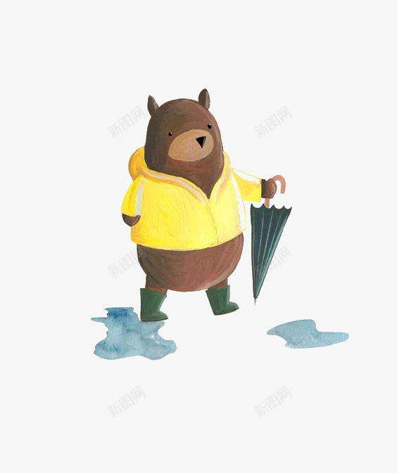 穿雨衣的熊png免抠素材_新图网 https://ixintu.com 下雨 动物 卡通小熊 拟人 积水 雨伞 黄色雨衣