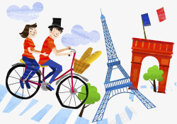 插画巴黎情侣骑自行车插画高清图片