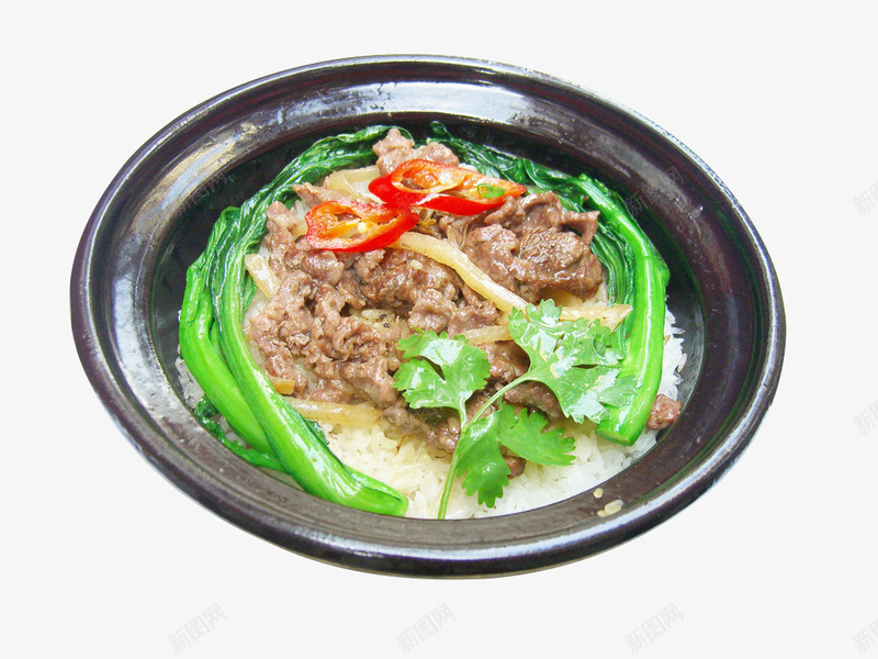 黑椒牛肉煲仔饭png免抠素材_新图网 https://ixintu.com 牛肉 特色美食 米饭 红椒 美食素材 青菜 香菜