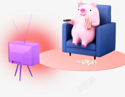 坐在沙发上看电视c4d坐在沙发看电视的小猪装饰高清图片