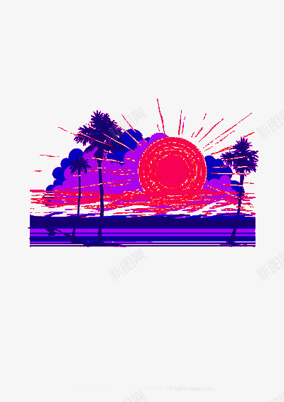 手绘落日png免抠素材_新图网 https://ixintu.com 卡通 手绘 树叶 树木 海水 涂鸦 紫色 红色 落日