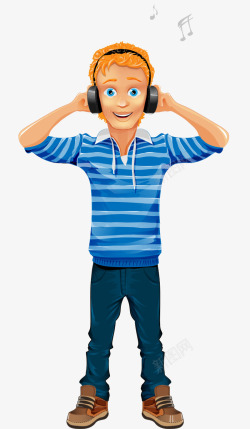 平面耳机素材卡通手绘金发戴耳机的小伙子高清图片