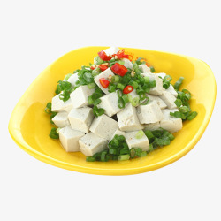 莸葱豆腐黄色盘子里的美食豆腐高清图片