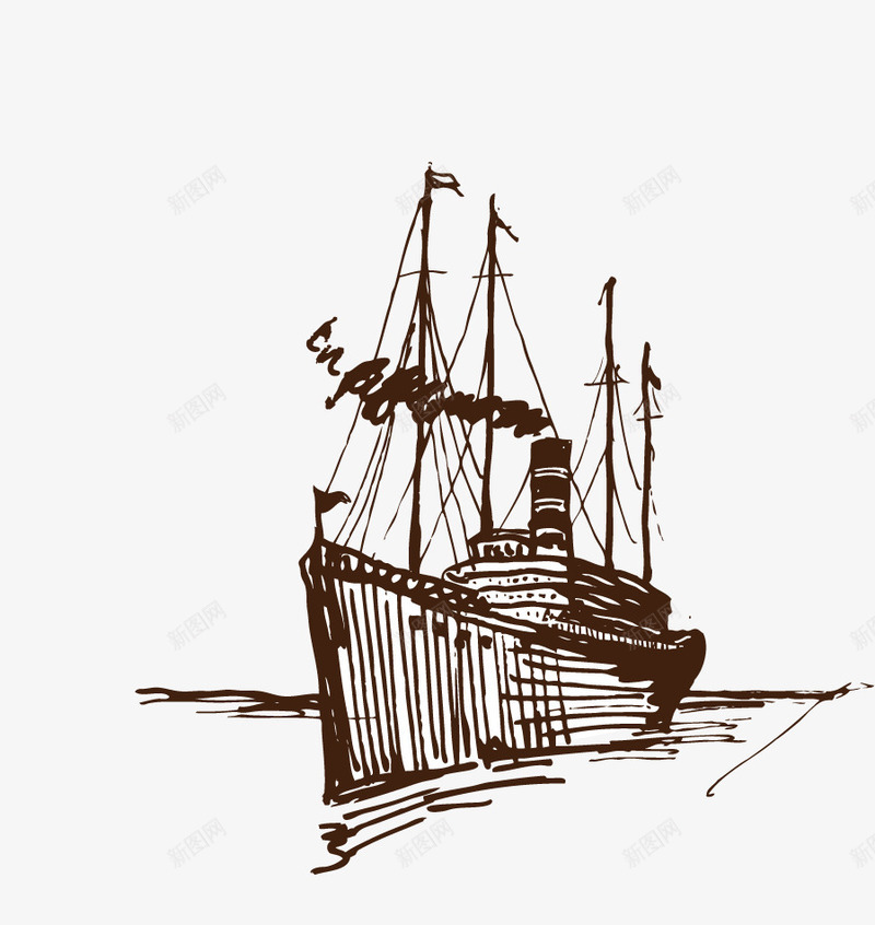 复古轮船png免抠素材_新图网 https://ixintu.com 复古轮船素材 水 波纹 矢量线稿轮船 船