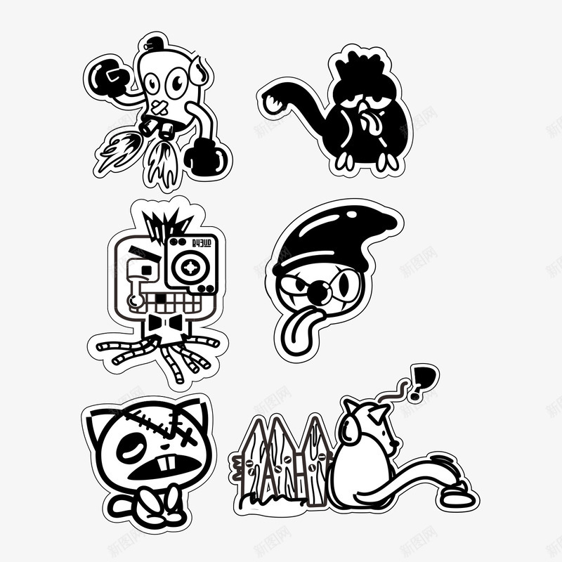 黑白风格卡通形象png免抠素材_新图网 https://ixintu.com 小丑 狗机器人 猫