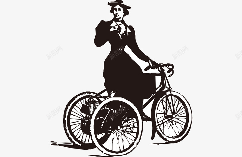 卡通手绘黑白欧洲贵妇骑自行车png免抠素材_新图网 https://ixintu.com 平面自行车 手绘的自行车 欧洲的贵妇 贵妇骑自行车 黑白的自行车