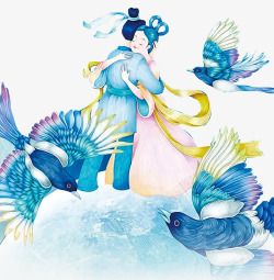 手绘牛郎织女喜鹊七夕中国风插图素材