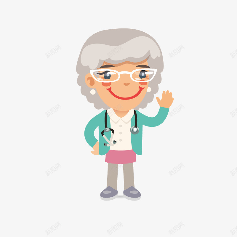 卡通手绘戴眼镜的老奶奶png免抠素材_新图网 https://ixintu.com 卡通人物 听诊器 开心的 戴眼镜的 白发老奶奶 老人