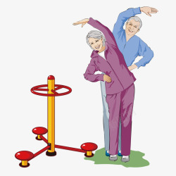 老年人设计卡通弯腰运动的老年夫妇高清图片