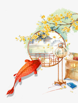 中国风窗户鱼树枝花朵灯笼素材