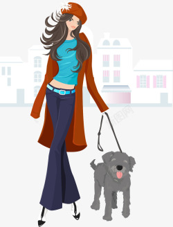 时尚插图牵着小狗的时髦女郎素材