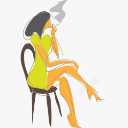 卡通线条画抽烟的美女坐椅子上插素材