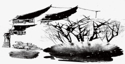 江南水乡建筑手绘古建筑毛笔画高清图片