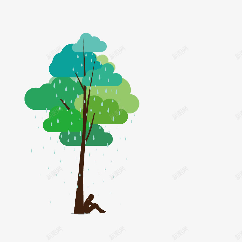 创意淋雨的人片png免抠素材_新图网 https://ixintu.com 下雨 树下的人 树木 雨景 雨水