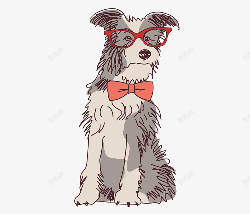 卡通蹲着的小狗图png免抠素材_新图网 https://ixintu.com 动物 卡通手绘 可爱 宠物 小狗 水彩 红色眼镜 红色领结