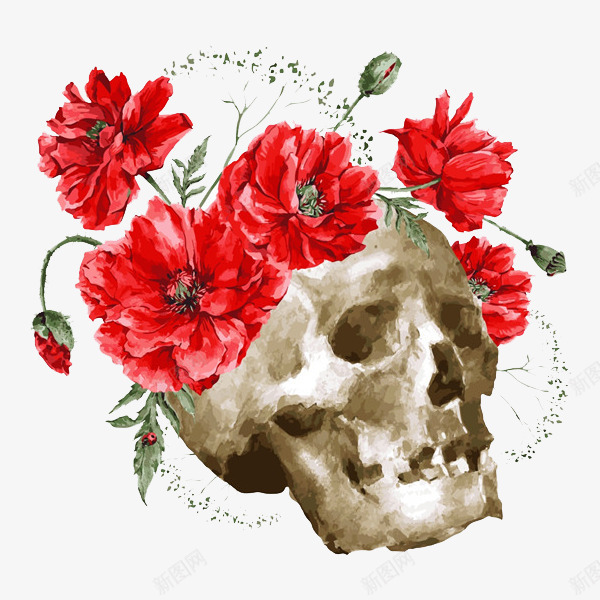 创意骷髅png免抠素材_新图网 https://ixintu.com 卡通 手绘 红色 罂粟 骷髅 鲜花
