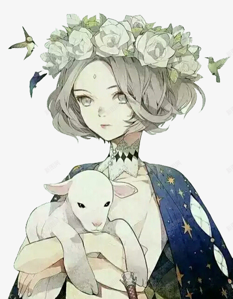戴着花环抱着动物的少女png免抠素材_新图网 https://ixintu.com 元素 动物 少女 花环