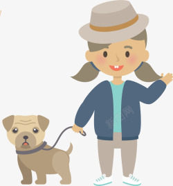 手绘小狗狗牵着小狗的女孩卡通图高清图片