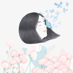 手绘少女和鲜花素材