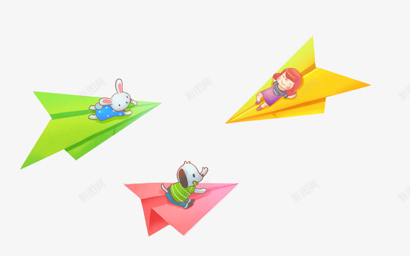 卡通动物纸飞机png免抠素材_新图网 https://ixintu.com 儿童 卡通 小兔 小女孩 小狗 纸飞机 纸飞机图案