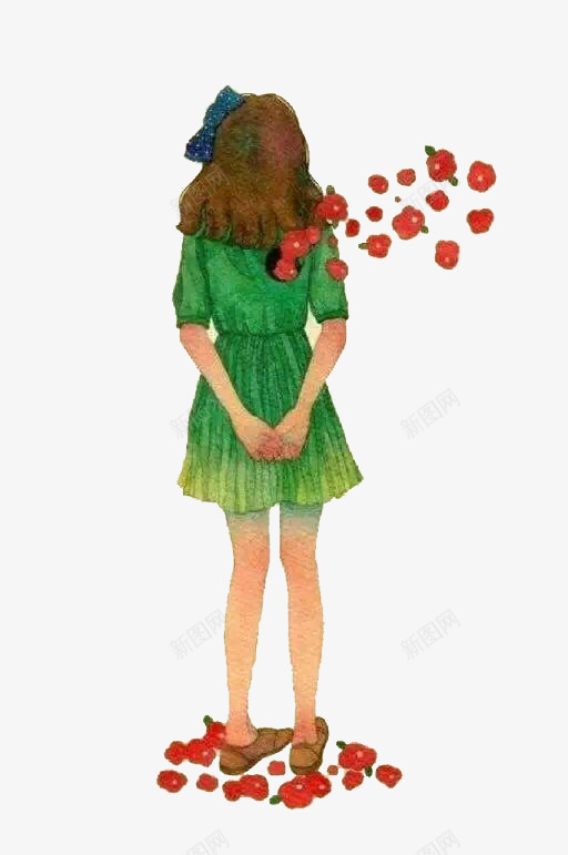 背对着的人png免抠素材_新图网 https://ixintu.com 少女 手绘 插画 红花 绿裙子 背对着 背对着的人 背手 背面