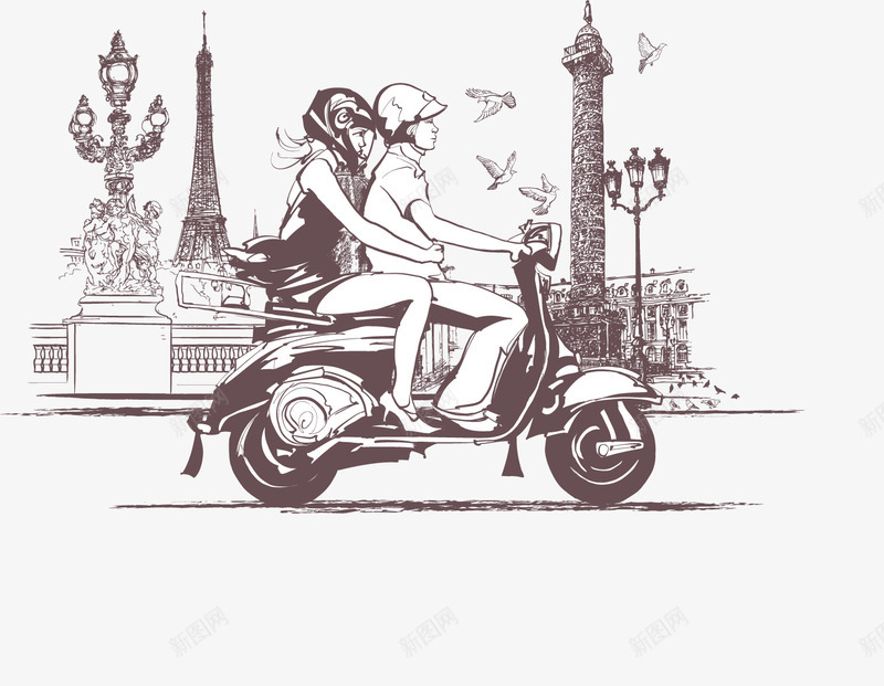 手绘骑摩托车的情侣png免抠素材_新图网 https://ixintu.com 手绘 甜蜜 骑摩托车的情侣