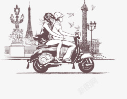 手绘骑摩托车的情侣素材