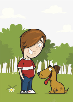 卡通插图草地上男孩与小狗素材