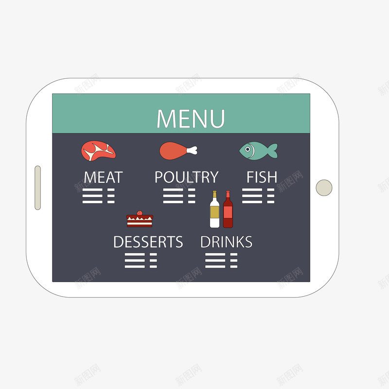 卡通创意平板菜单矢量图ai免抠素材_新图网 https://ixintu.com 平板 点餐 肉类 菜单 蛋糕 酒类 食物 矢量图