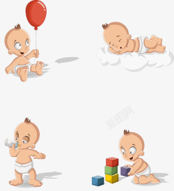 初生儿奶瓶喝水睡觉玩耍的卡通宝宝高清图片