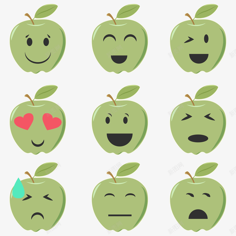 苹果表情符号集合png免抠素材_新图网 https://ixintu.com 吃惊 吃惊表情 微笑 符号集合 绿色 花痴 苹果 表情 难过