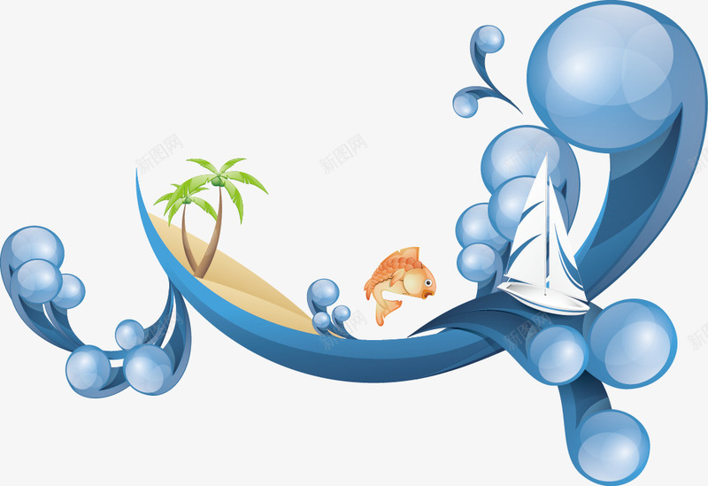 夏季装饰花纹png免抠素材_新图网 https://ixintu.com summer 帆船 沙滩 浪花 海浪 海边 矢量素材 螃蟹 跳跃 鲤鱼