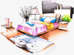 国外床效果图手绘单人卧室室内效果图高清图片